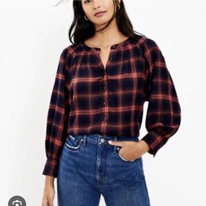 LOFT Smocked Plaid Henley Blouse - Small
